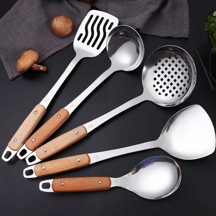5-Piece Stainless Steel Kitchen Utensil Set with Wooden Handles