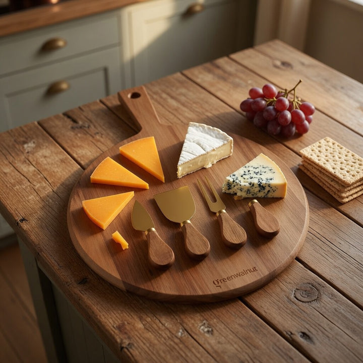 Acacia Wood Cheese Board & Gold Stainless Steel Cheese Knife Set – Premium Charcuterie Serving Board with 4 Cheese Tools