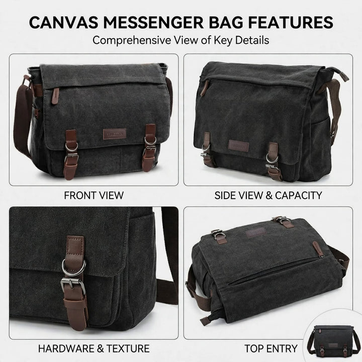Premium Canvas & Leather Messenger Bag  | Vintage Crossbody Satchel