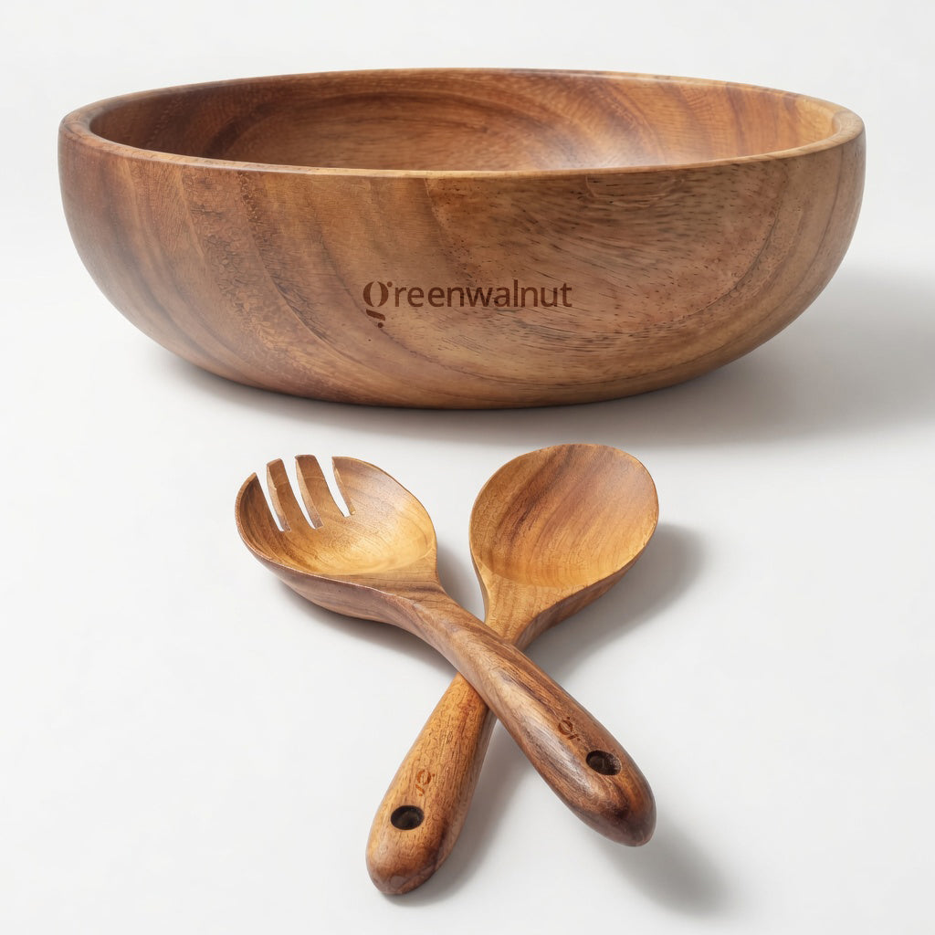 Acacia Wood Serving Bowl Set – Salad Bowl with Matching Serving Spoons