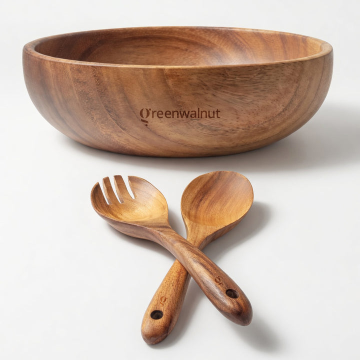 Acacia Wood Serving Bowl Set – Salad Bowl with Matching Serving Spoons