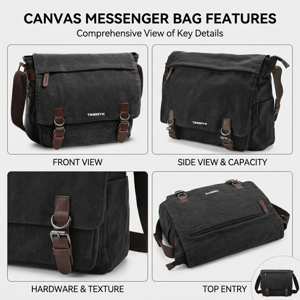 Premium Canvas & Leather Messenger Bag  | Vintage Crossbody Satchel