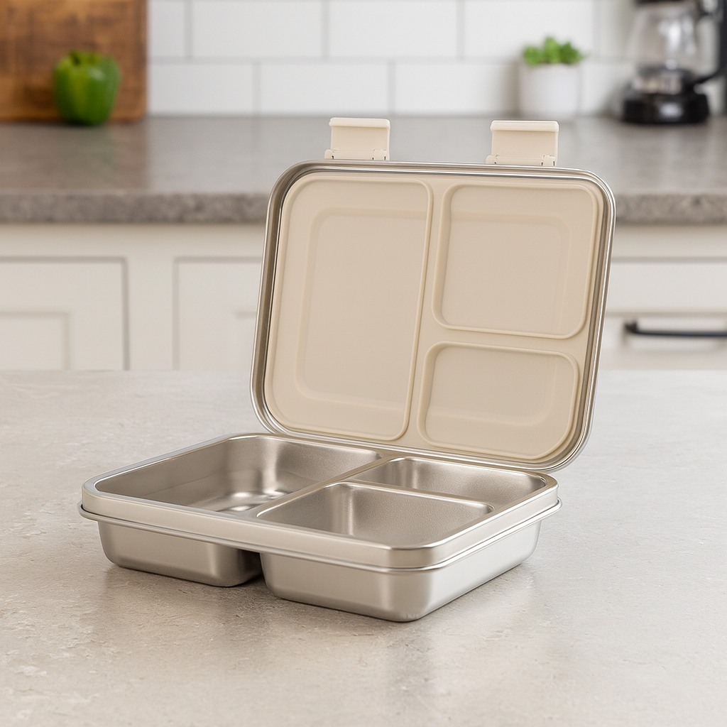 Stainless Steel Lunch Box with Leak-Proof Lid  | 3 Compartment Food Container for Kids & Adults | Bento Lunch Box