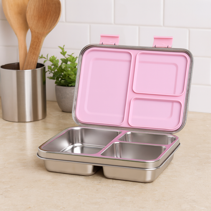 Stainless Steel Lunch Box with Leak-Proof Lid  | 3 Compartment Food Container for Kids & Adults | Bento Lunch Box