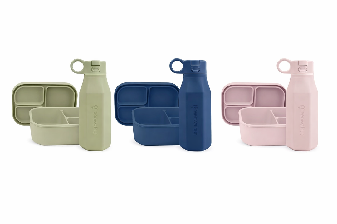 Silicone Bento Box & Silicone Bottle Set of 3 Bundle ( Pink + Blue + Sage )