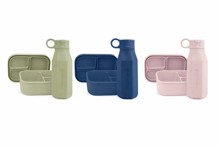 Silicone Bento Box & Silicone Bottle Set of 3 Bundle ( Pink + Blue + Sage )