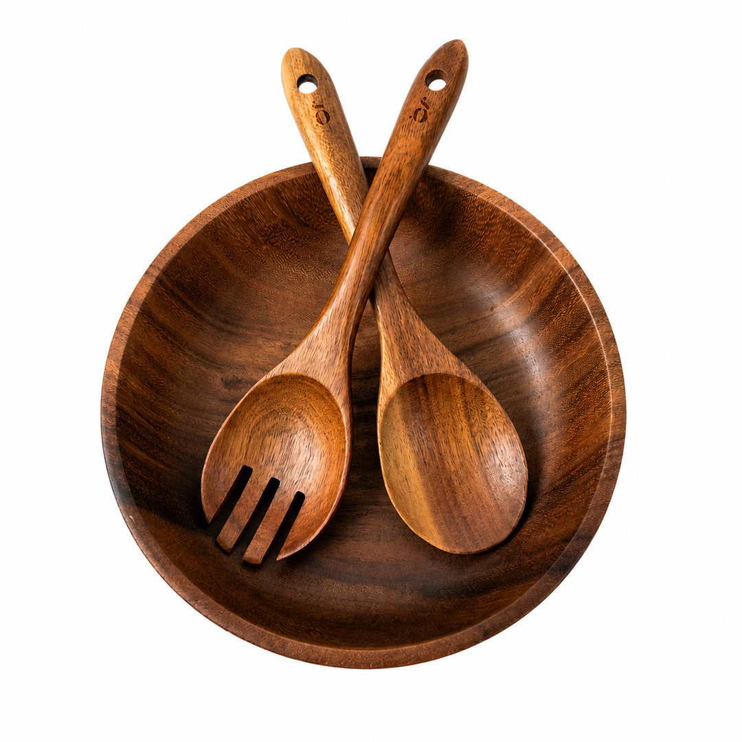 Acacia Wood Serving Bowl Set – Salad Bowl with Matching Serving Spoons