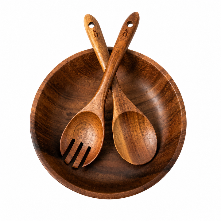 Acacia Wood Serving Bowl Set – Salad Bowl with Matching Serving Spoons