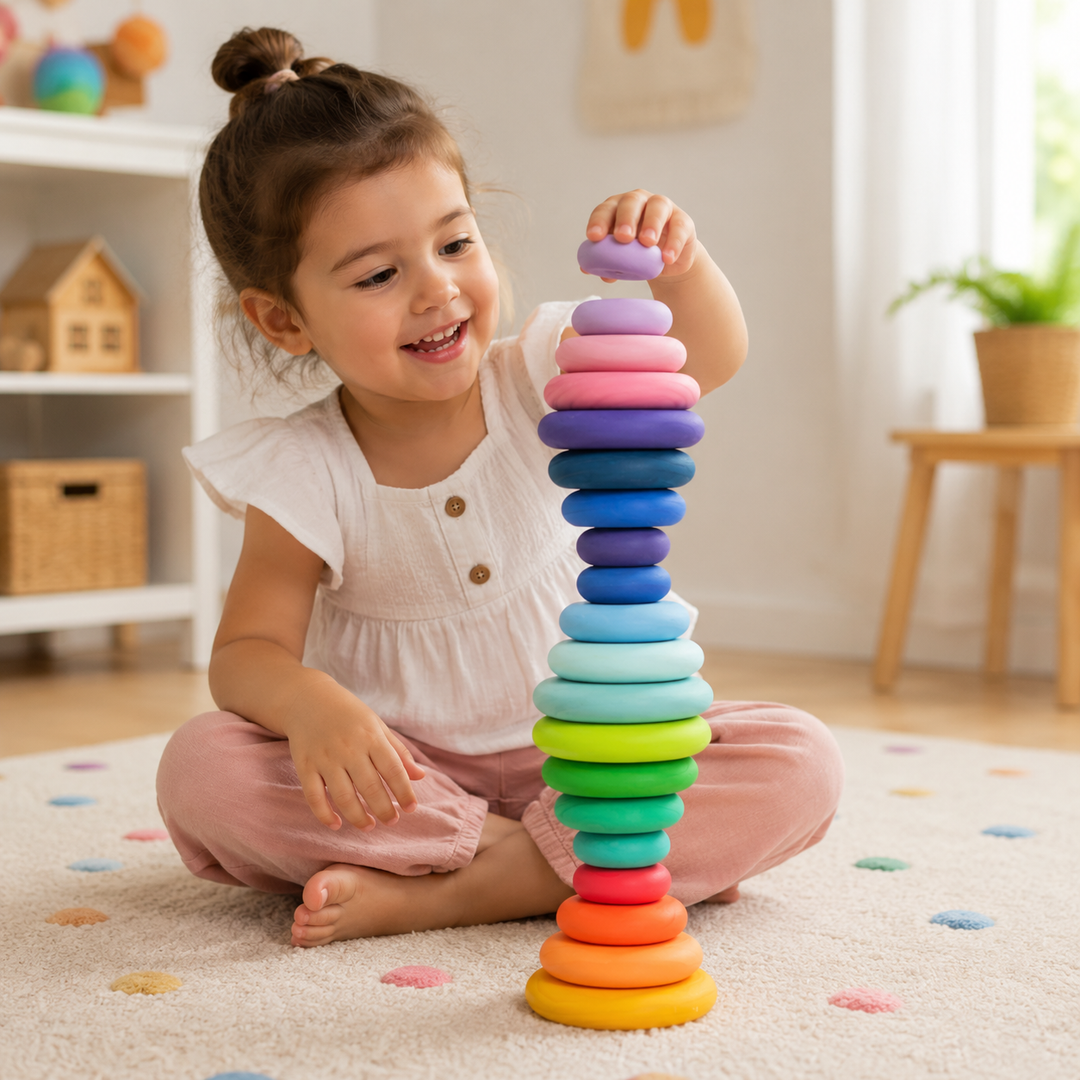 Montessori Wooden Stacking Pebbles Set – Rainbow Balance & Sorting Toy for Toddlers