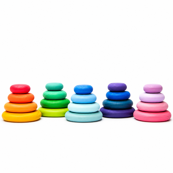 Montessori Wooden Stacking Pebbles Set – Rainbow Balance & Sorting Toy for Toddlers