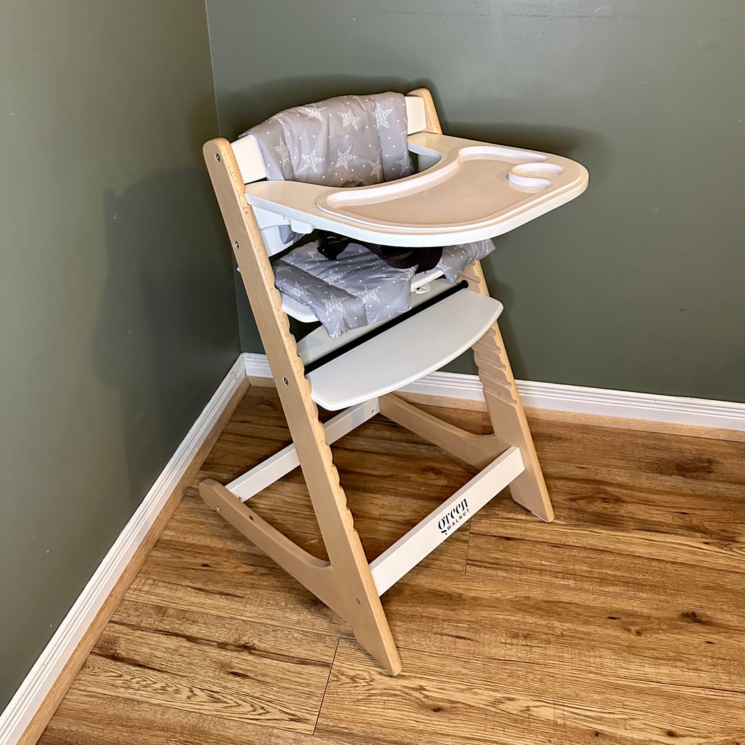 Wooden High Chair For Babies And Toddlers | Includes ( Seat Cushion ,Tray & 5 Point Belt ) - Green Walnut Inc.