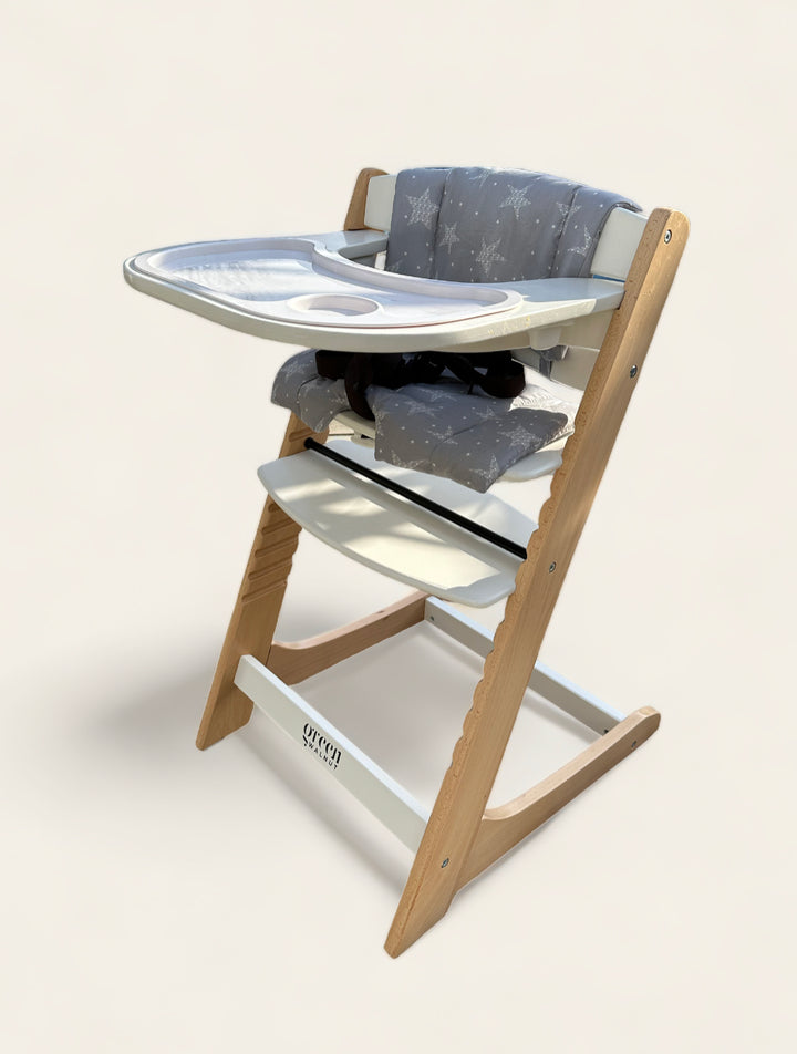 Wooden High Chair For Babies And Toddlers | Includes ( Seat Cushion ,Tray & 5 Point Belt ) - Green Walnut Inc.