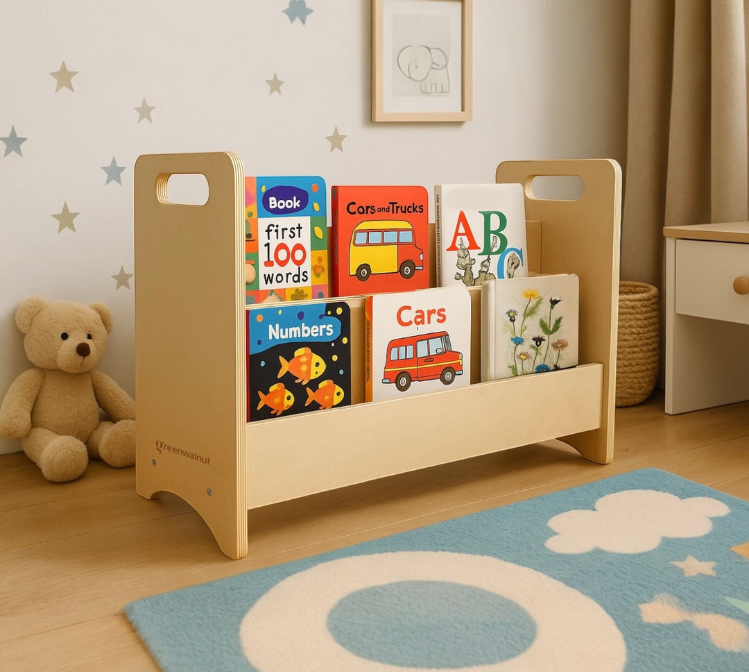 Double-Sided Wooden Montessori Bookshelf for Kids |  Book Storage for kids
