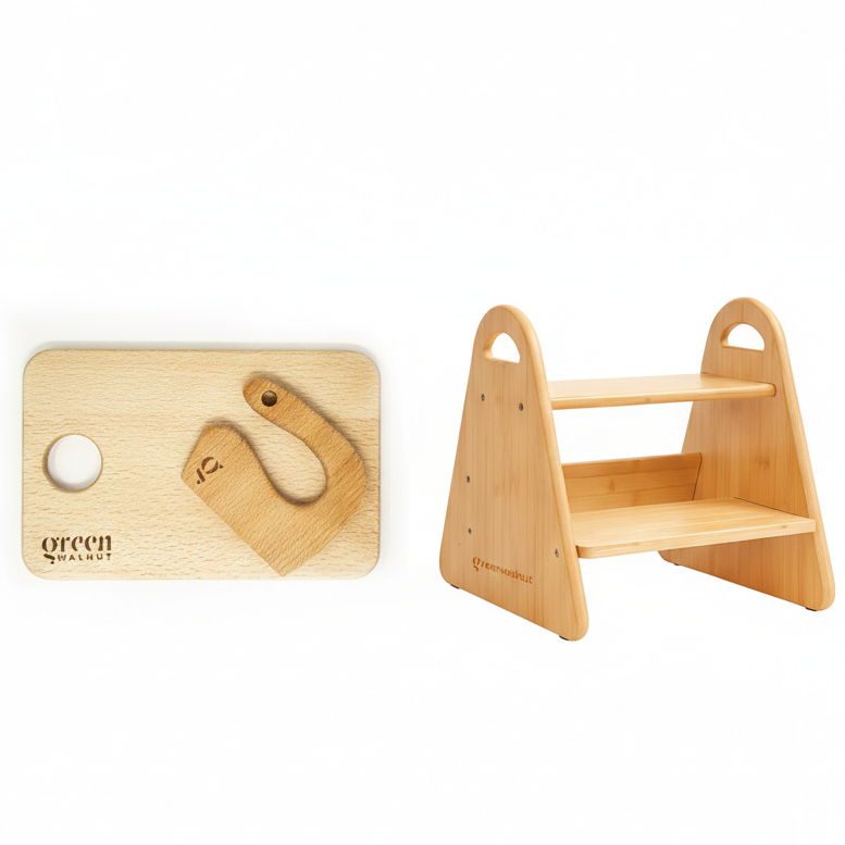 Bundle Of 2 Wooden Step Stool for Kids & Adult | Montessori Step Stool for Kids | Kids Wooden Knife & Cutting Board