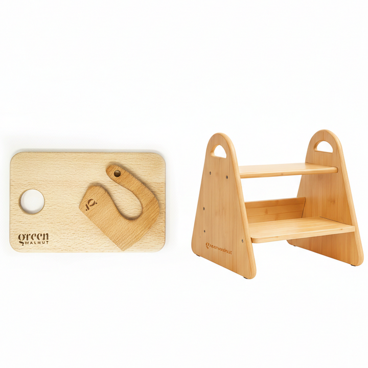 Bundle Of 2 Wooden Step Stool for Kids & Adult | Montessori Step Stool for Kids | Kids Wooden Knife & Cutting Board