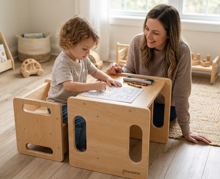 Montessori Wodden Table and Chair Set – Wooden Toddler Furniture, Ages 1-4