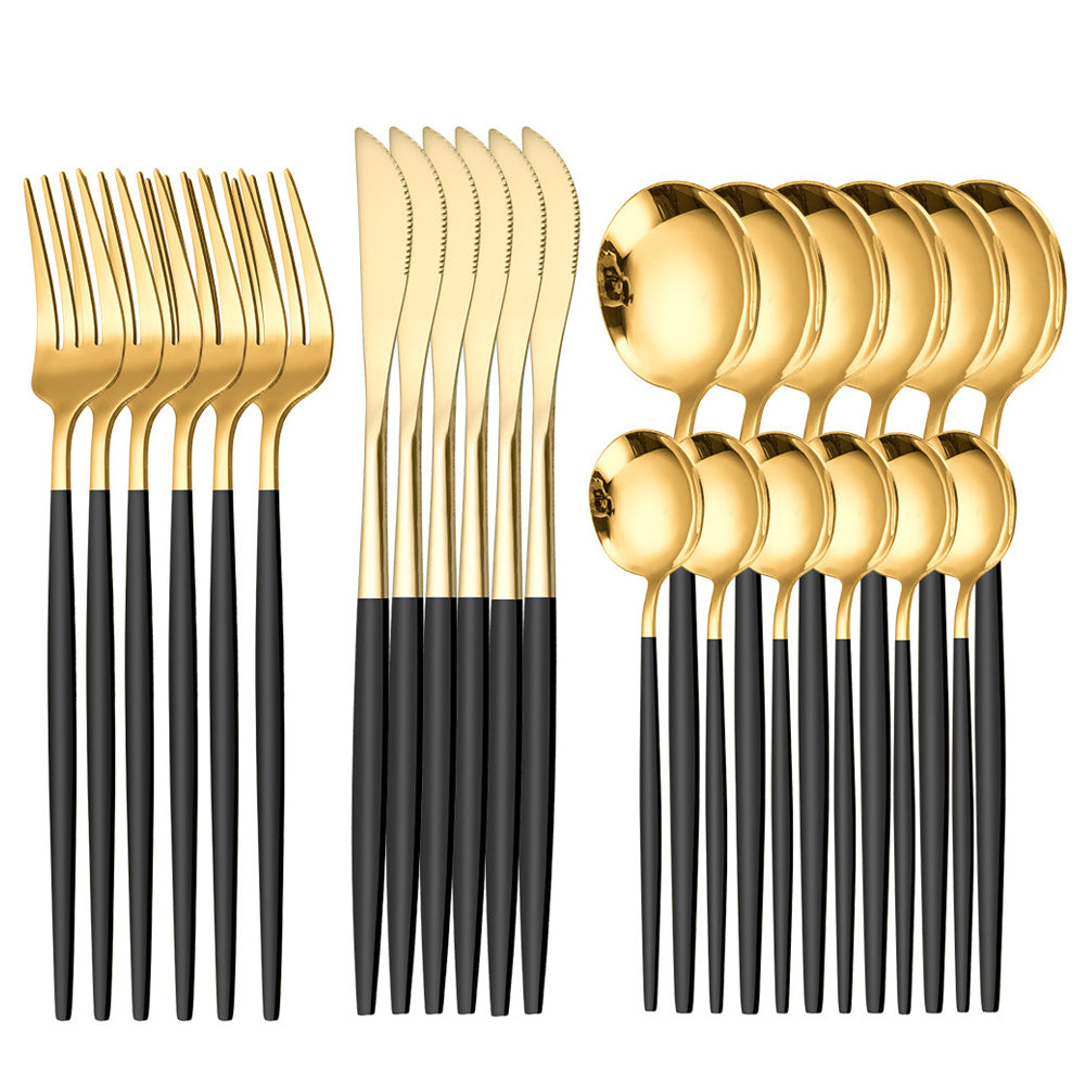 24-Piece Stainless Steel Cutlery Set – Gold Finish with Colour Handles | Flatware Set