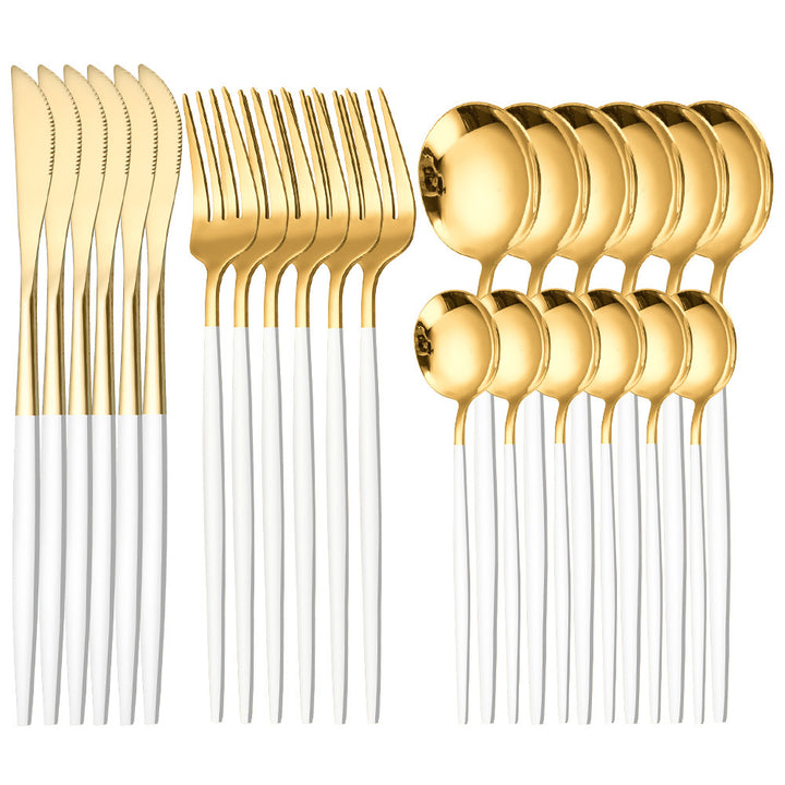 24-Piece Stainless Steel Cutlery Set – Gold Finish with Colour Handles | Flatware Set
