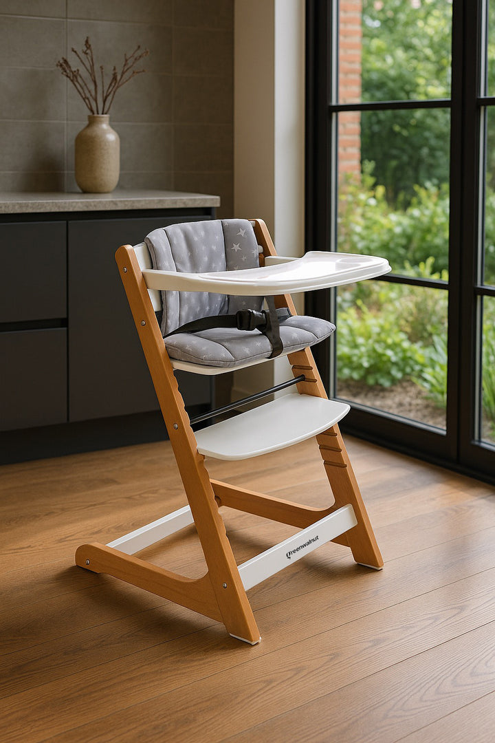 Wooden High Chair For Babies And Toddlers | Includes ( Seat Cushion ,Tray & 5 Point Belt )