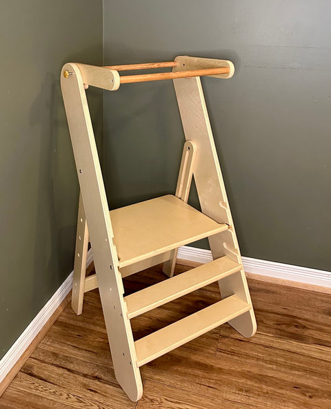 Kids & Toddler Foldable Learning Tower | Foldable Kitchen Step Stool ( Natural ) - Green Walnut Inc.