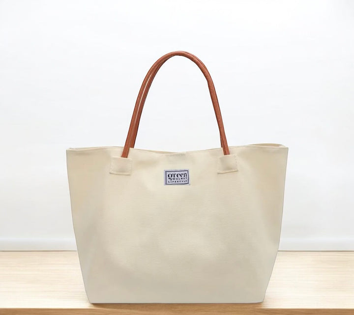 Cotton Canvas Tote Bag With PU Leather Handles