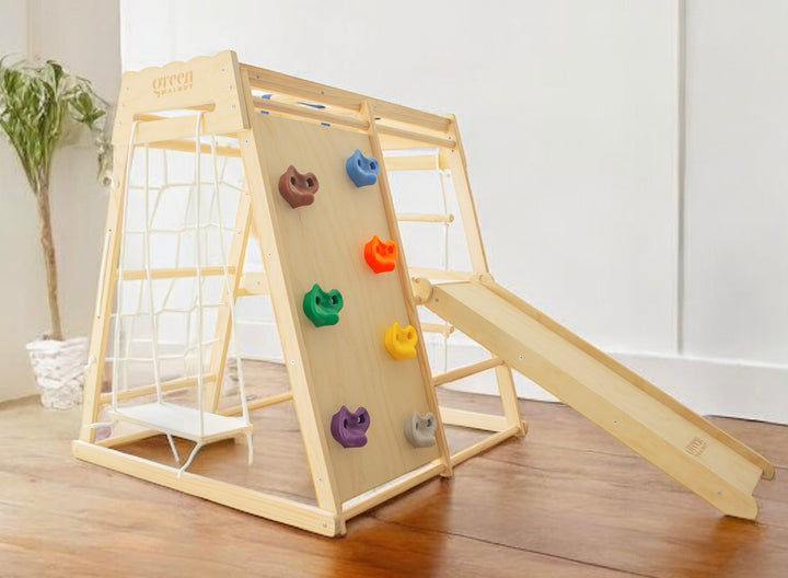 Portique de jeu en bois 7 en 1 pour enfants avec toboggan, filet d'escalade et balançoire