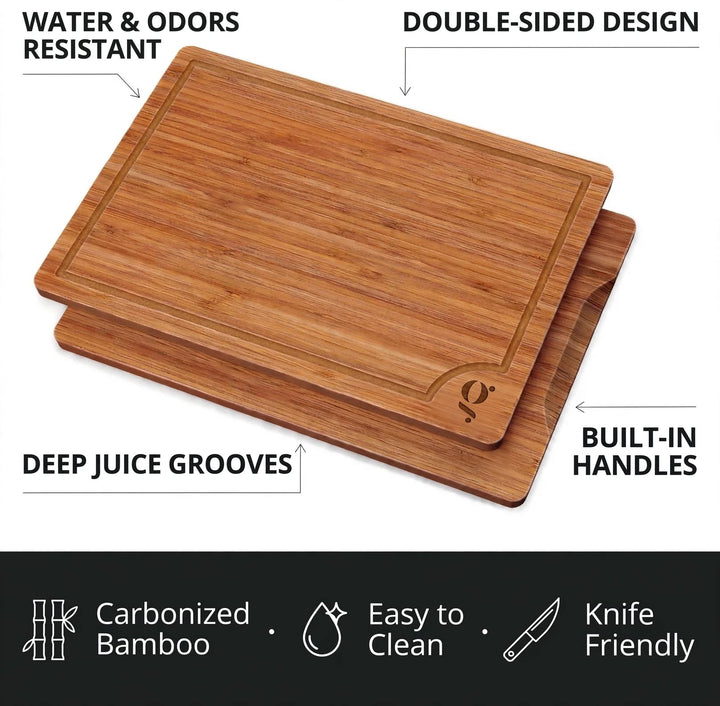 Natural Dark Bamboo Cutting Board Set of 3 - 3 Sizes with Juice Groove for Kitchen Prep
