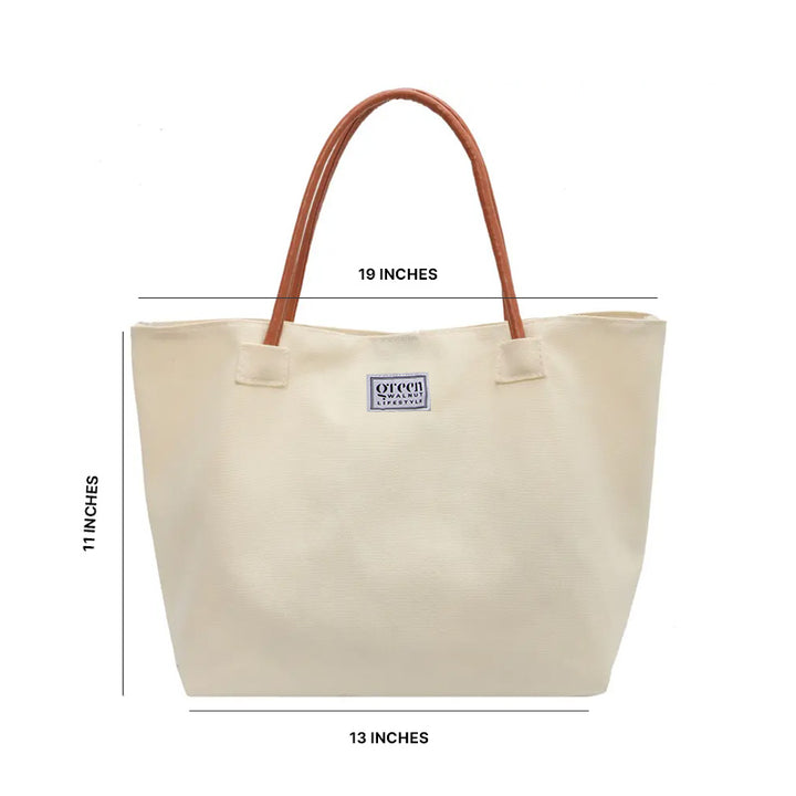 Cotton Canvas Tote Bag With PU Leather Handles