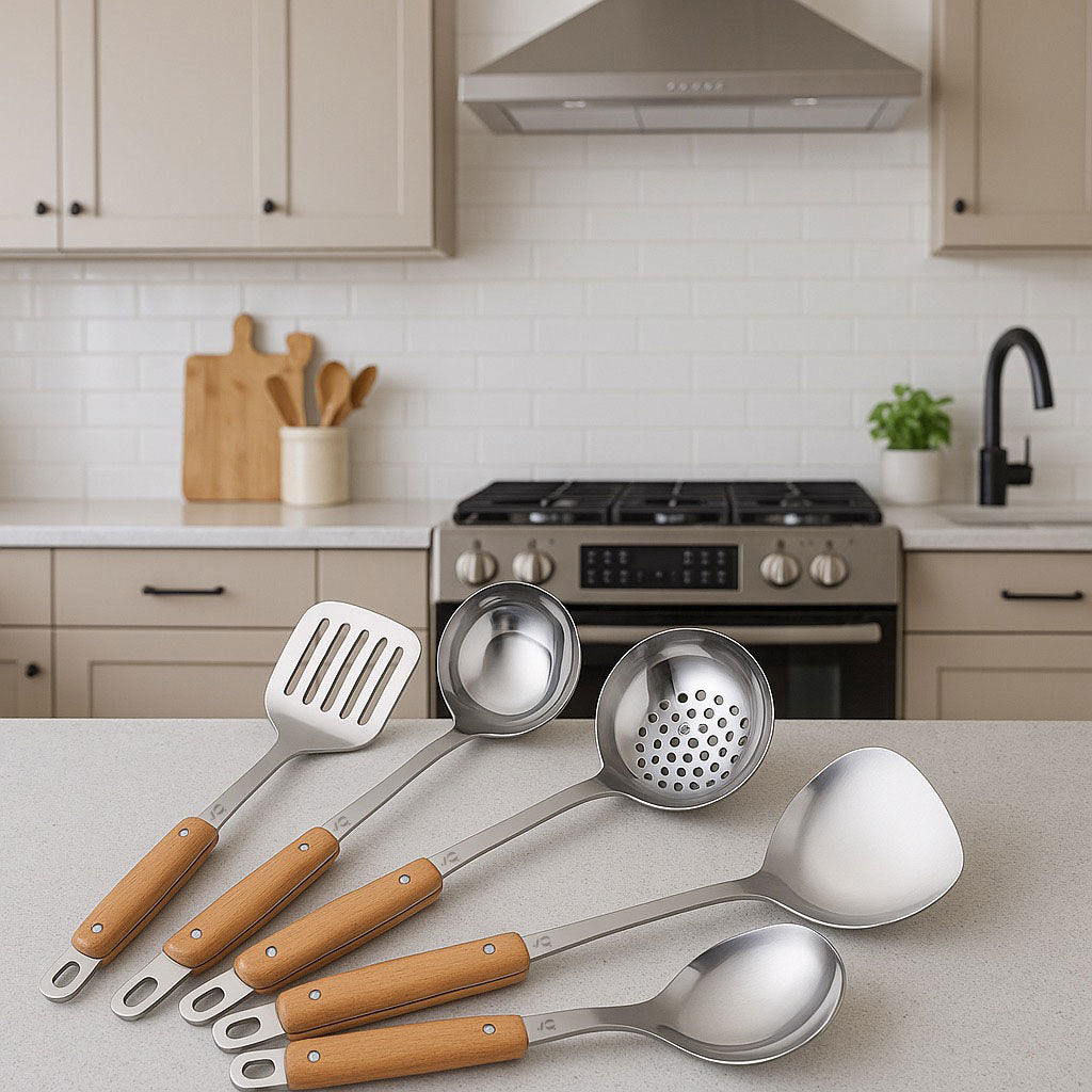 5-Piece Stainless Steel Kitchen Utensil Set with Wooden Handles