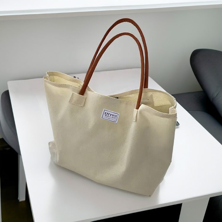 Cotton Canvas Tote Bag With PU Leather Handles