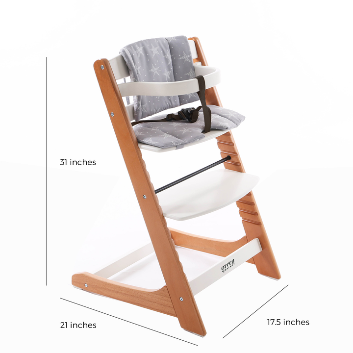 Wooden High Chair For Babies And Toddlers | Includes ( Seat Cushion ,Tray & 5 Point Belt ) - Green Walnut Inc.