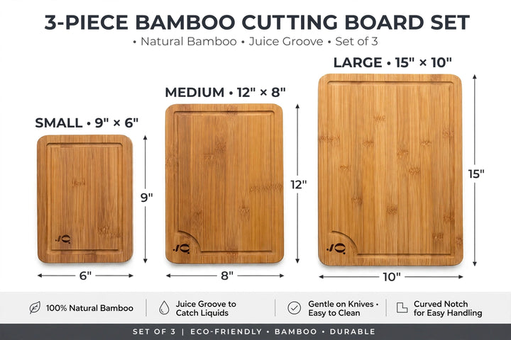 Natural Bamboo Cutting Board Set of 3 - 3 Sizes with Juice Groove for Kitchen Prep