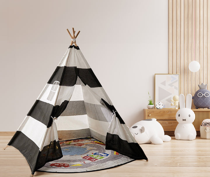 Large Foldable Kids Canvas Teepee Play Tent With Lights ( Black & White ) - Green Walnut Inc.