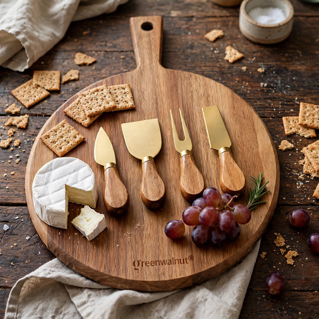 Acacia Wood Cheese Board & Gold Stainless Steel Cheese Knife Set – Premium Charcuterie Serving Board with 4 Cheese Tools