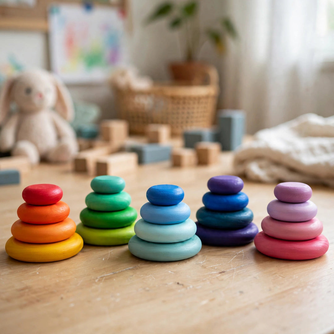 Montessori Wooden Stacking Pebbles Set – Rainbow Balance & Sorting Toy for Toddlers