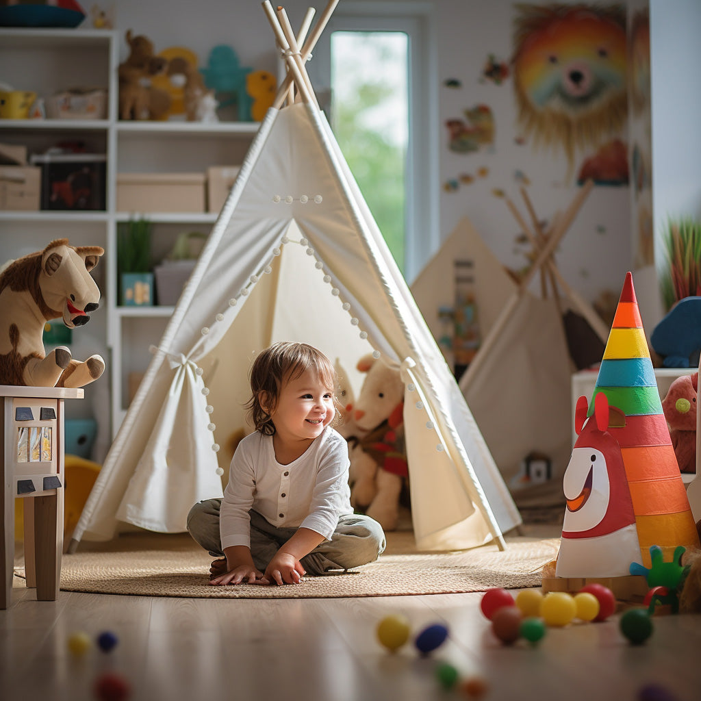 Large Foldable Kids Canvas Teepee Play Tent With Lights  ( White ) - Green Walnut Inc.