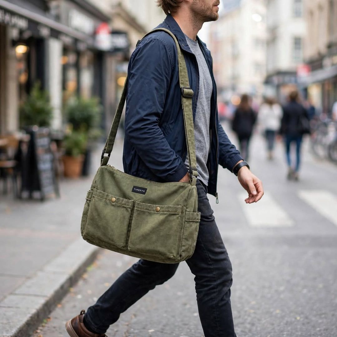 TIMBRYN Olive Green Canvas Shoulder Bag – Multi-Pocket Crossbody Messenger Bag for Everyday Carry & Travel