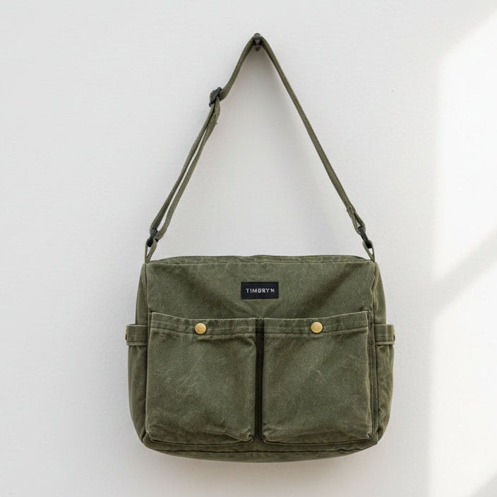 TIMBRYN Olive Green Canvas Shoulder Bag – Multi-Pocket Crossbody Messenger Bag for Everyday Carry & Travel