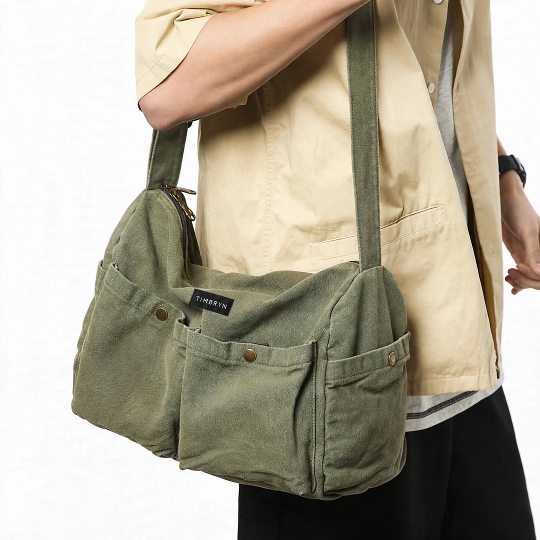 TIMBRYN Olive Green Canvas Shoulder Bag – Multi-Pocket Crossbody Messenger Bag for Everyday Carry & Travel