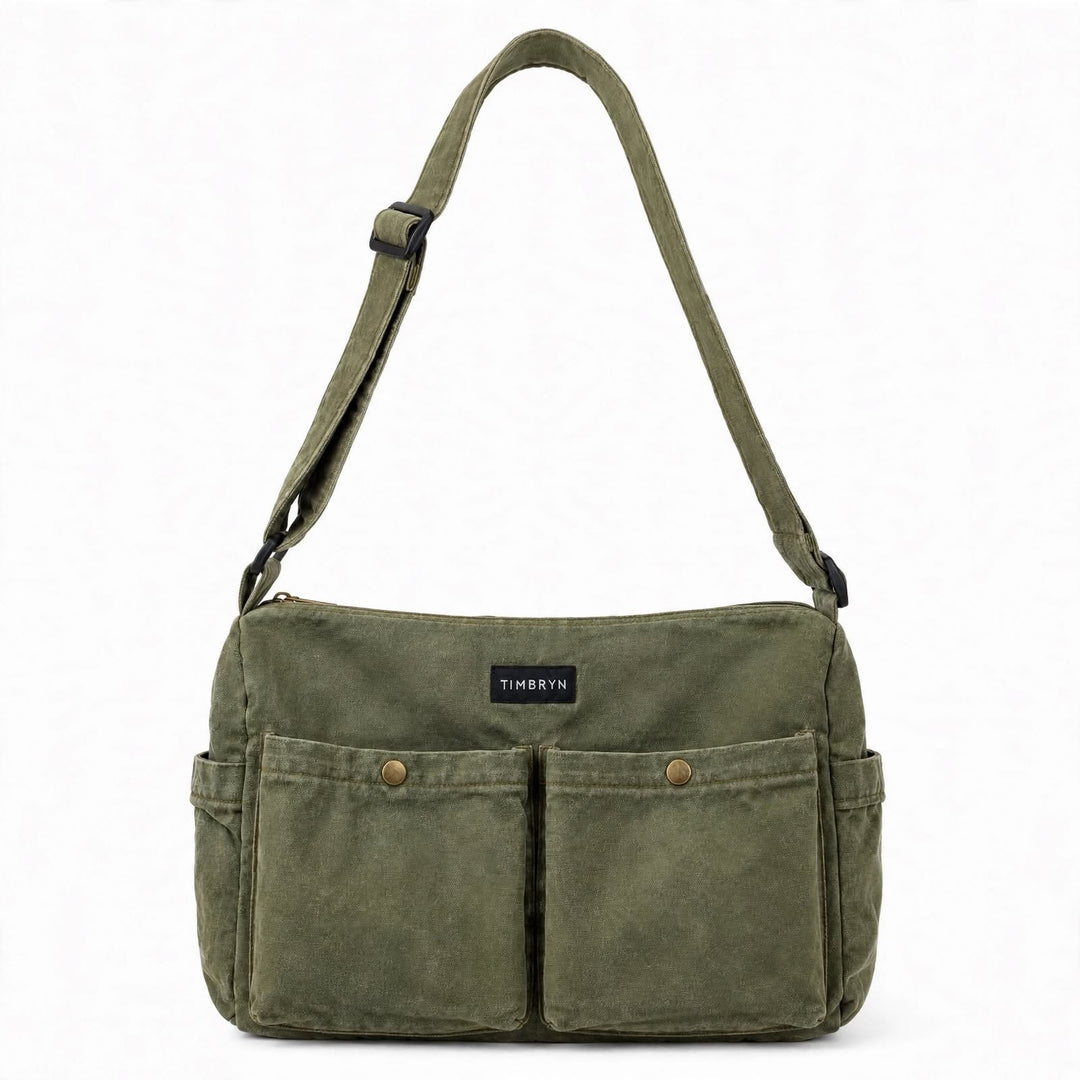 TIMBRYN Olive Green Canvas Shoulder Bag – Multi-Pocket Crossbody Messenger Bag for Everyday Carry & Travel
