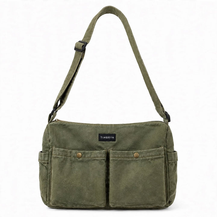 TIMBRYN Olive Green Canvas Shoulder Bag – Multi-Pocket Crossbody Messenger Bag for Everyday Carry & Travel