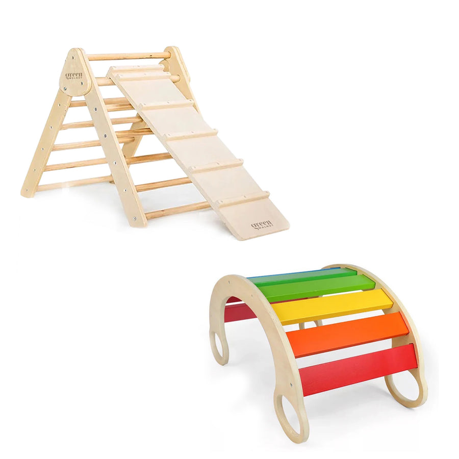 Set of 2 Wooden Pikler Triangle With Slide / Ramp & Rainbow Rocker - Green Walnut Inc.