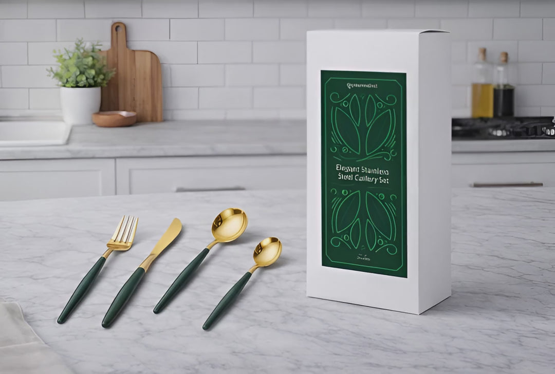 24-Piece Stainless Steel Cutlery Set – Gold Finish with Colour Handles | Flatware Set