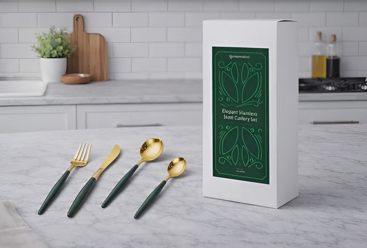 24-Piece Stainless Steel Cutlery Set – Gold Finish with Colour Handles | Flatware Set