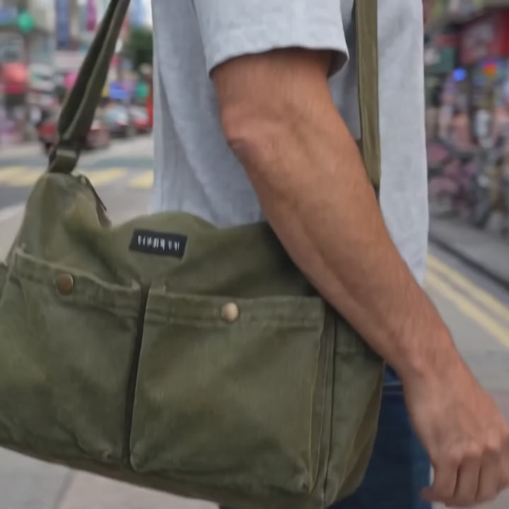 TIMBRYN Olive Green Canvas Shoulder Bag – Multi-Pocket Crossbody Messenger Bag for Everyday Carry & Travel