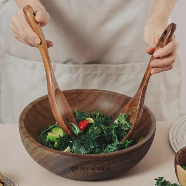 Acacia Wood Serving Bowl Set – Salad Bowl with Matching Serving Spoons