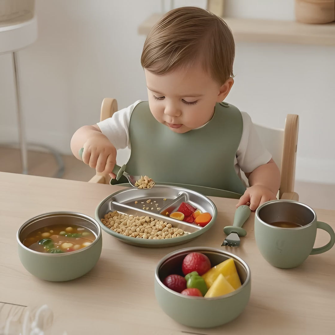 Premium 7-Piece Silicone & Stainless Steel Kids Dinnerware Set | Feeding Set