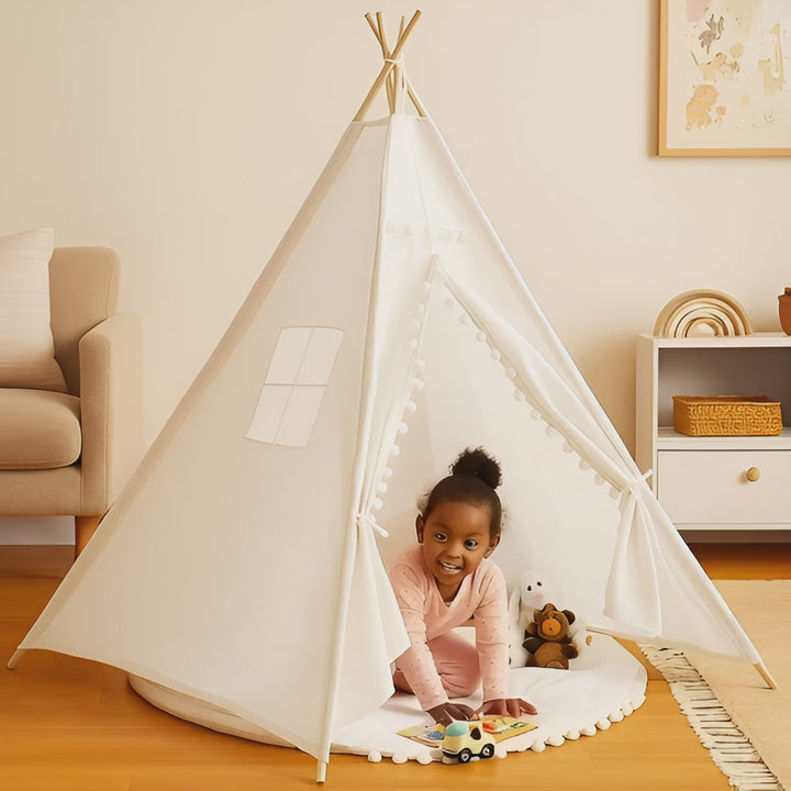 Large Foldable Kids Canvas Teepee Play Tent With Lights  ( White )