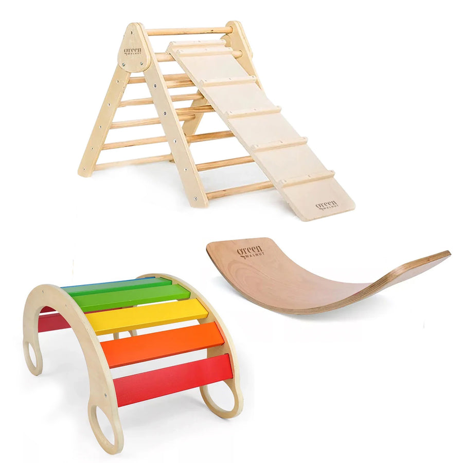 Set of 3 Wooden Pikler Triangle With Slide/Ramp | Wooden Balance Board | Wooden Rainbow Rocker - Green Walnut Inc.