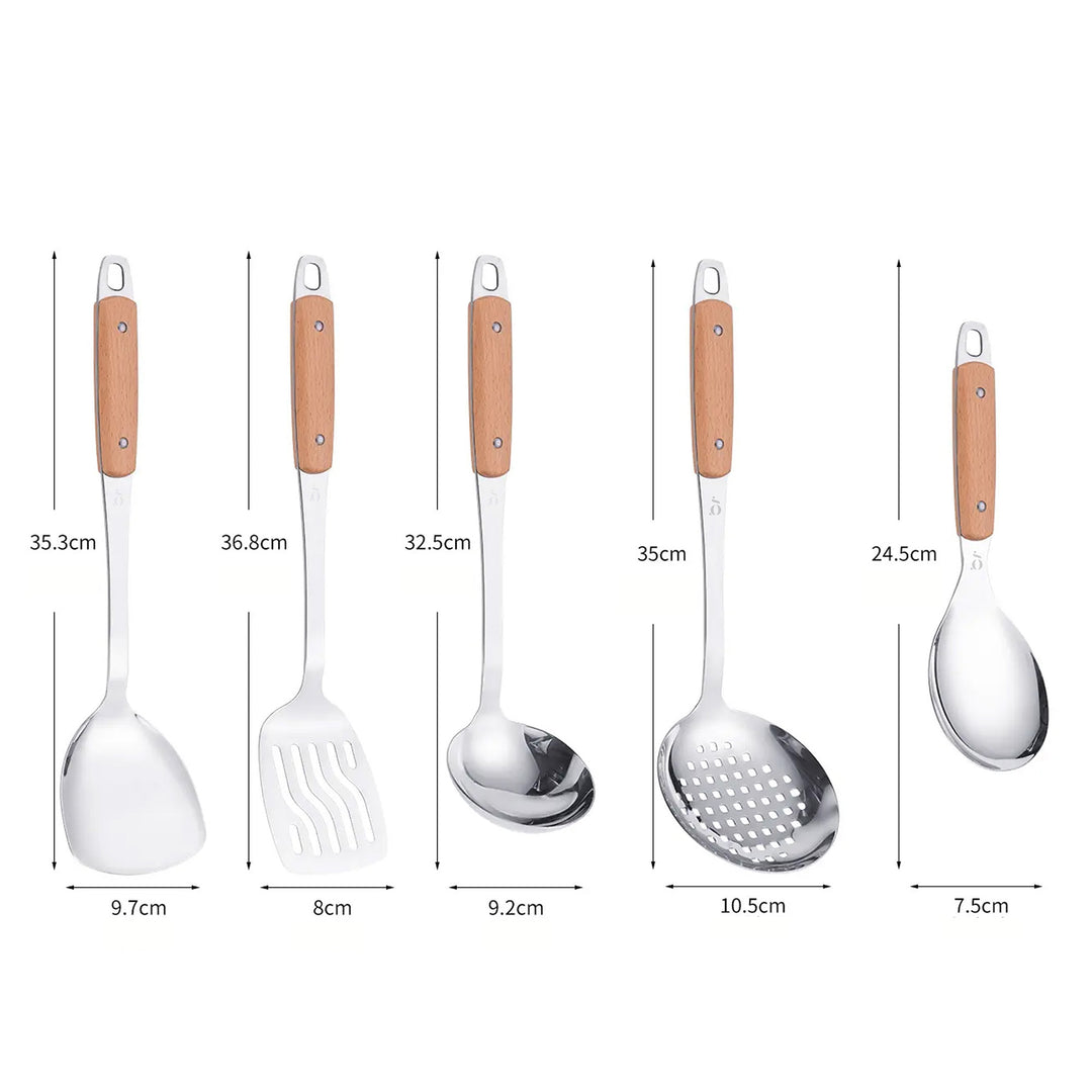 5-Piece Stainless Steel Kitchen Utensil Set with Wooden Handles